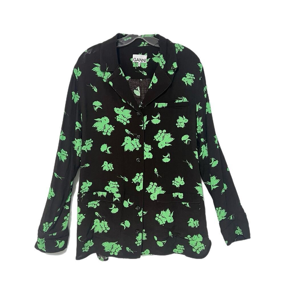 GANNI Floral Print Crepe Button Down Top Blouse Size 36 Small Green Sustainable